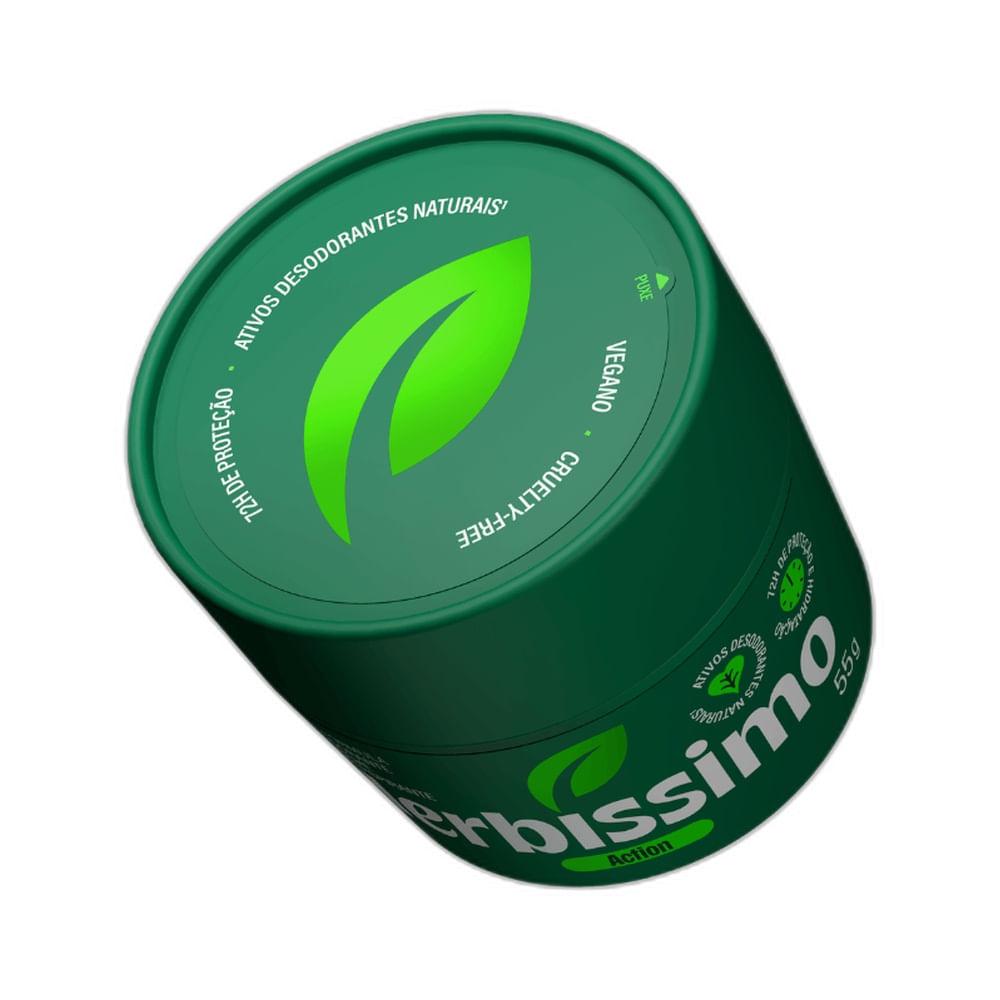 Tampa do Desodorante Creme Herbíssimo Action com folha verde destacada